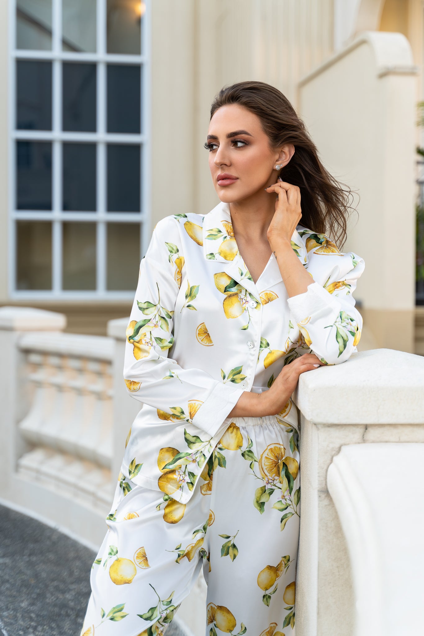 Satin silk lemons pyjama set. Sleepwear available.