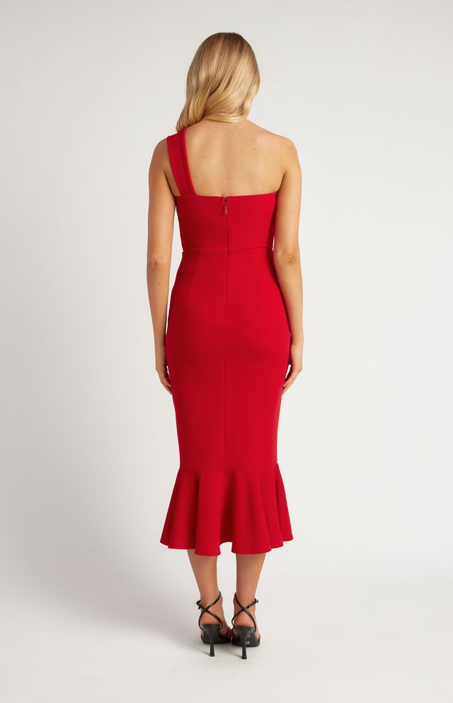 VALENTINA One Shoulder Midi Dress – Red