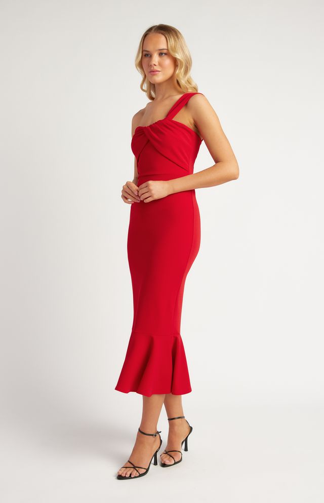 VALENTINA One Shoulder Midi Dress – Red