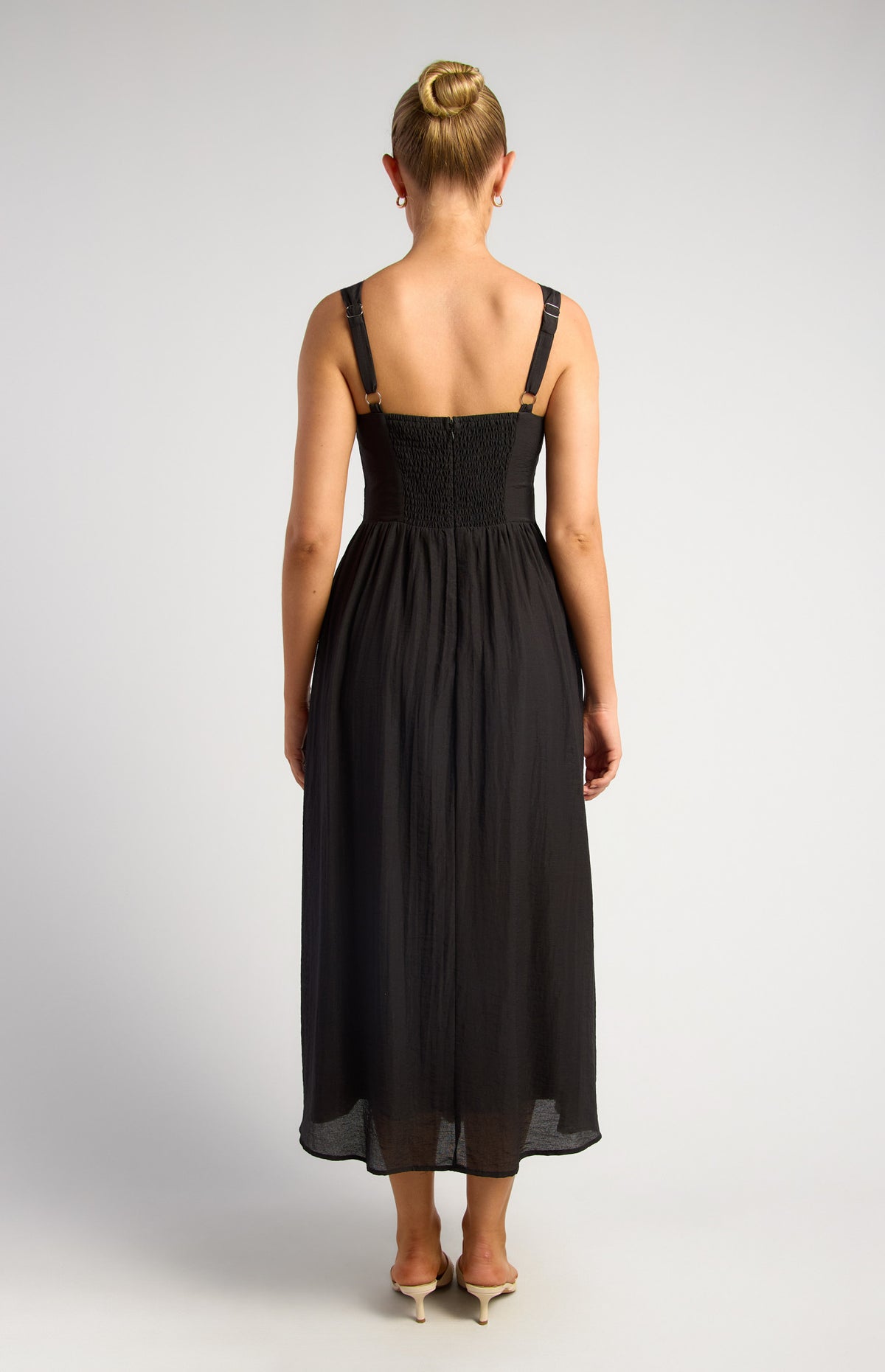 TAYLA Pleated Bodice Detail Midi Dress — Black