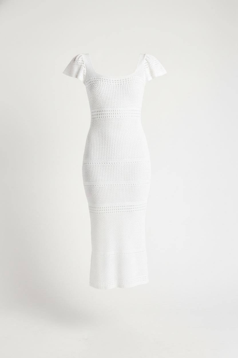 ALEXA Crochet Knit Midi Dress — White