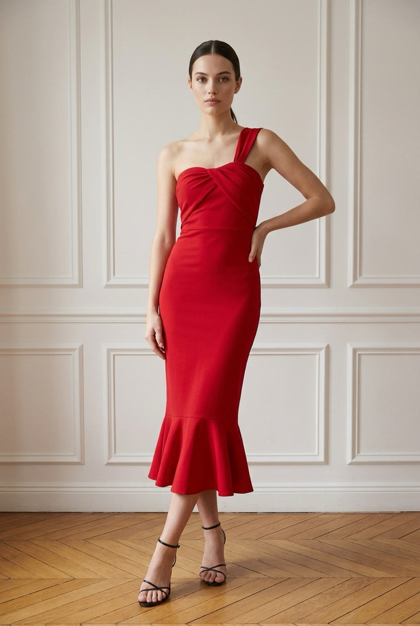 VALENTINA One Shoulder Midi Dress – Red