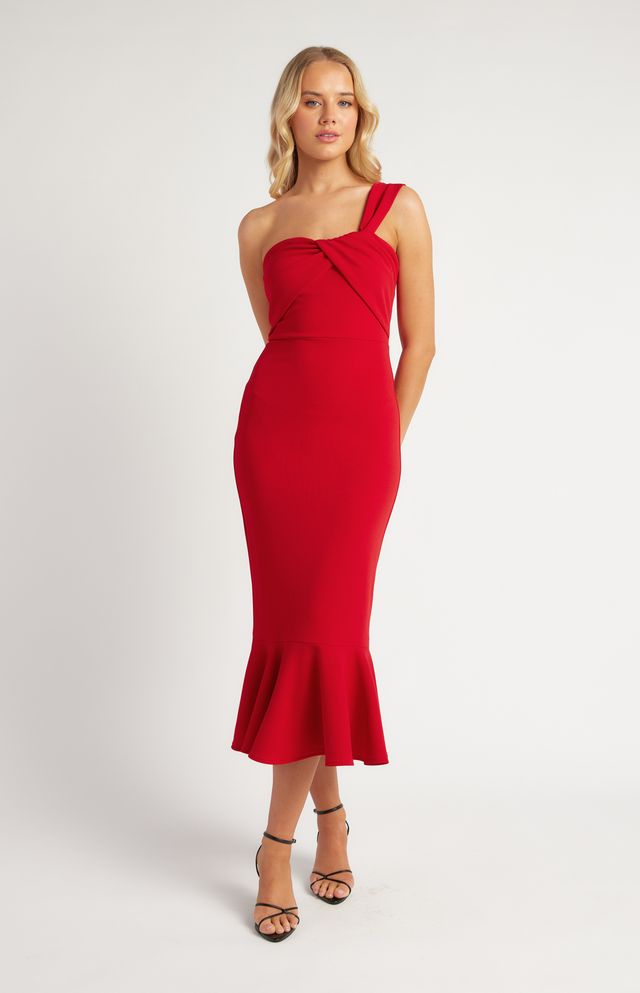 VALENTINA One Shoulder Midi Dress – Red