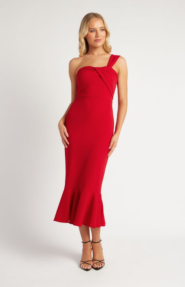 VALENTINA One Shoulder Midi Dress – Red