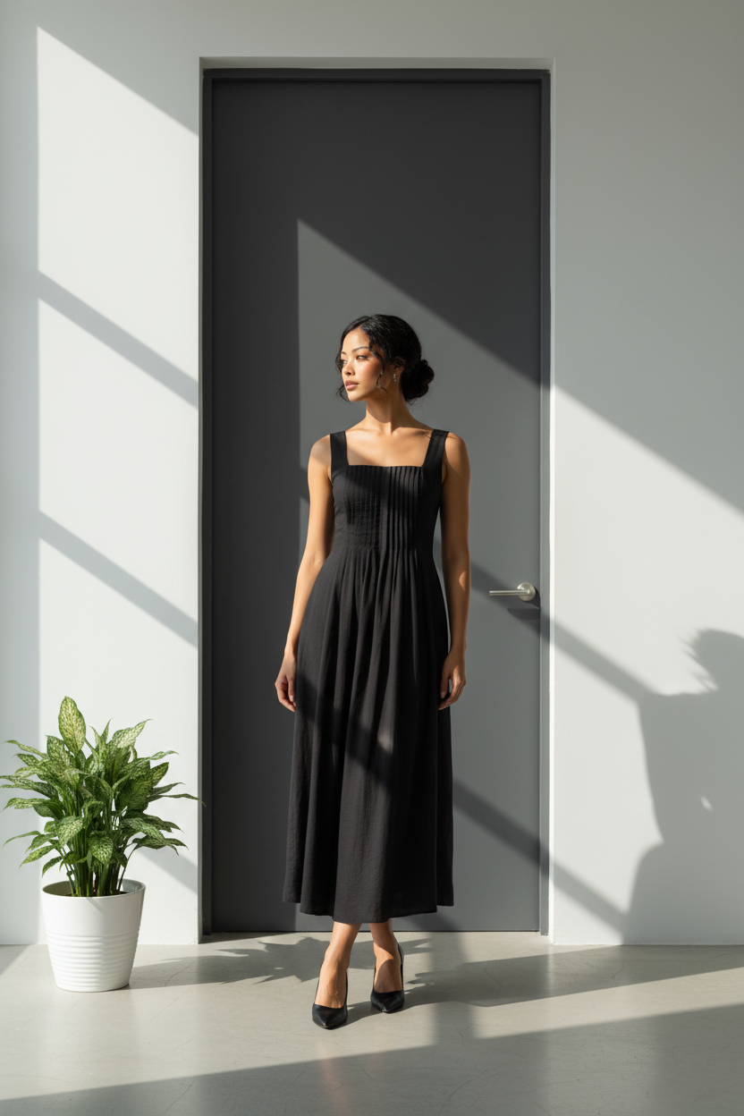 TAYLA Pleated Bodice Detail Midi Dress — Black