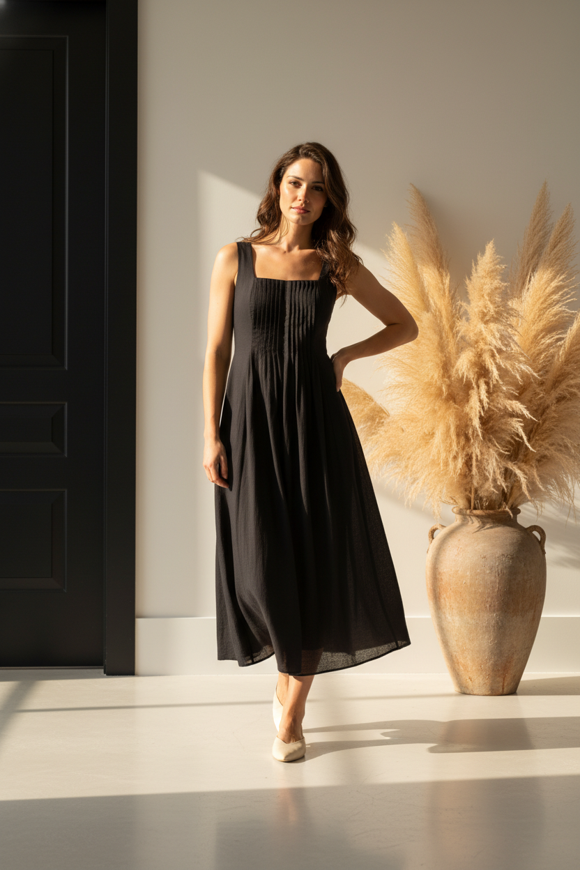 TAYLA Pleated Bodice Detail Midi Dress — Black