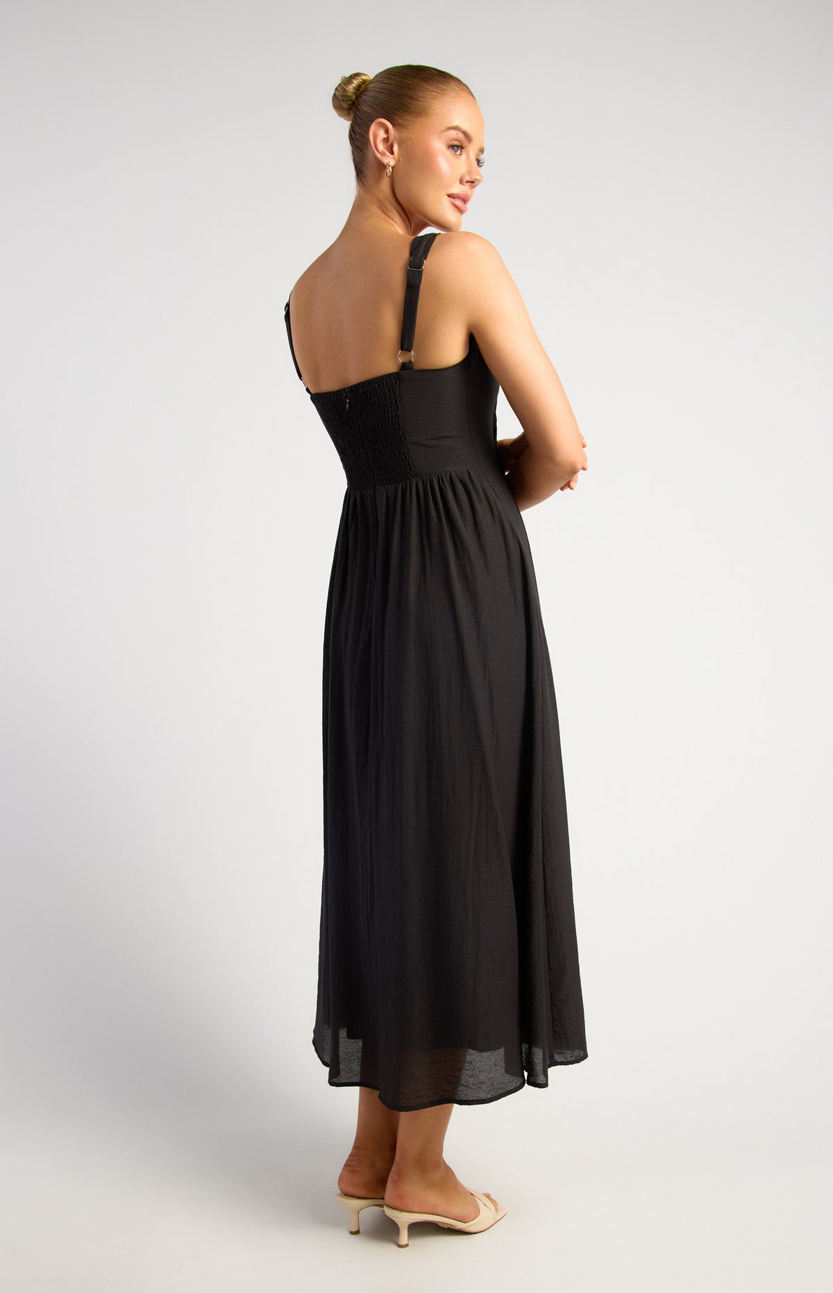 TAYLA Pleated Bodice Detail Midi Dress — Black