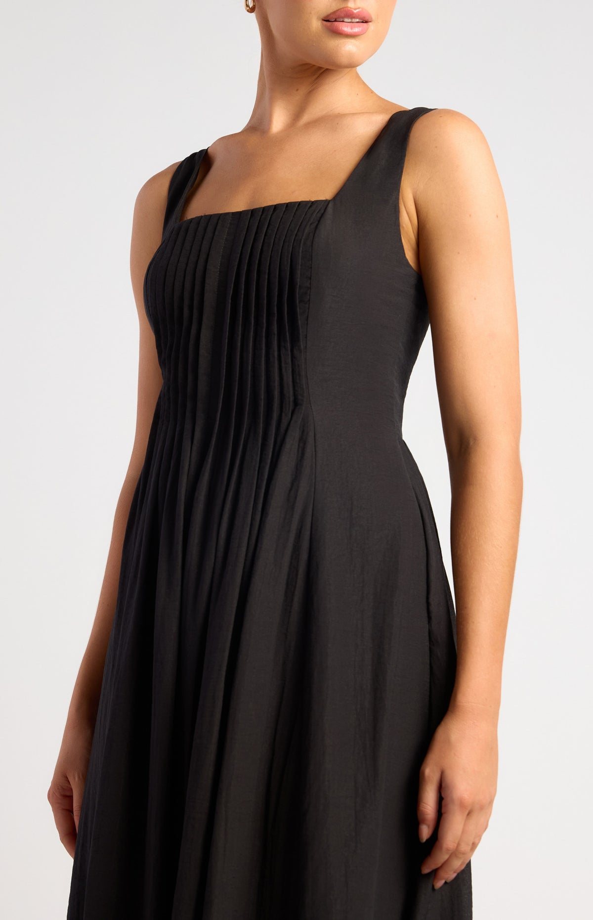 TAYLA Pleated Bodice Detail Midi Dress — Black