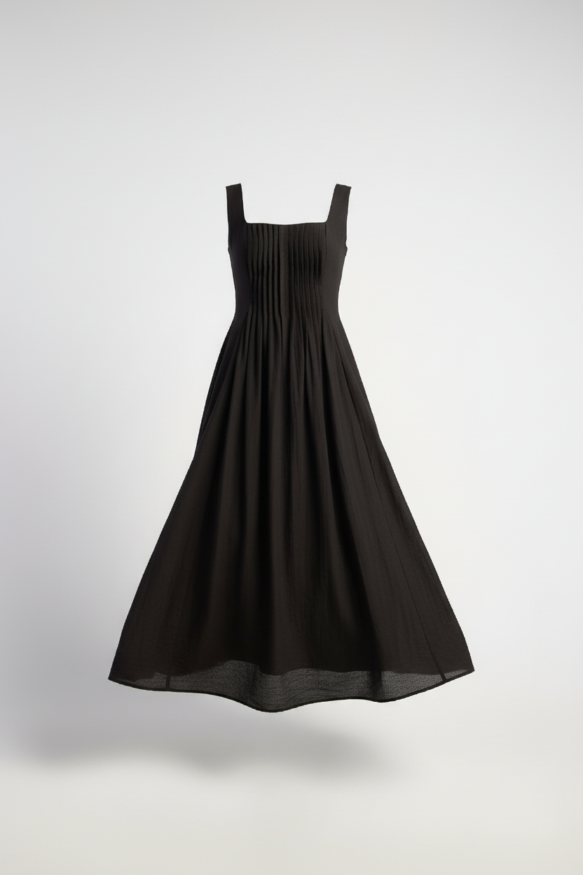 TAYLA Pleated Bodice Detail Midi Dress — Black