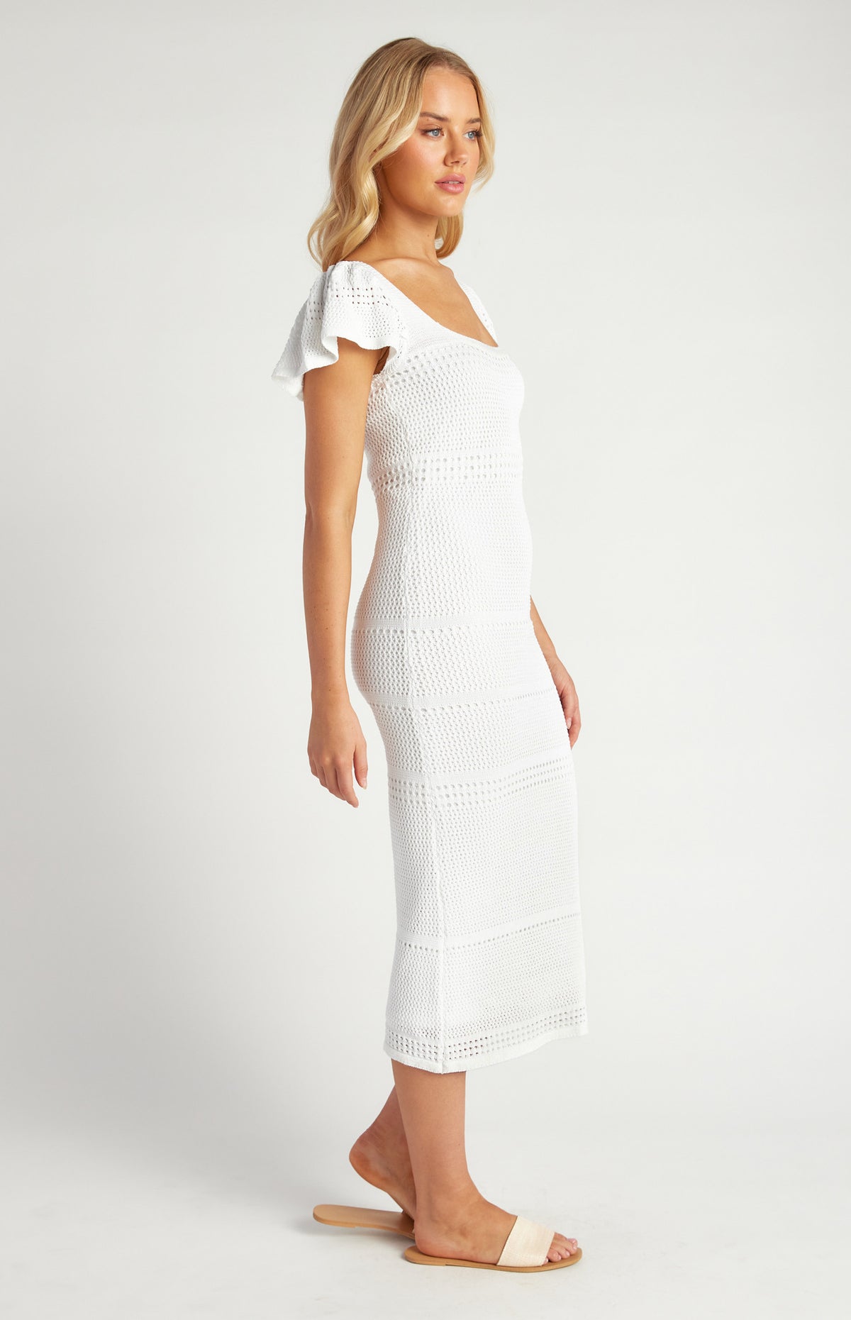 ALEXA Crochet Knit Midi Dress — White