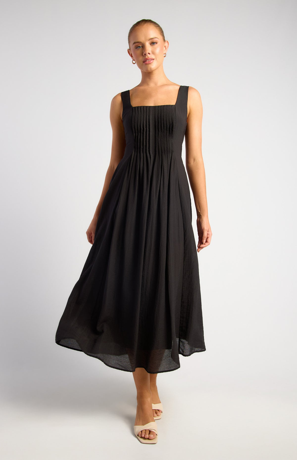 TAYLA Pleated Bodice Detail Midi Dress — Black