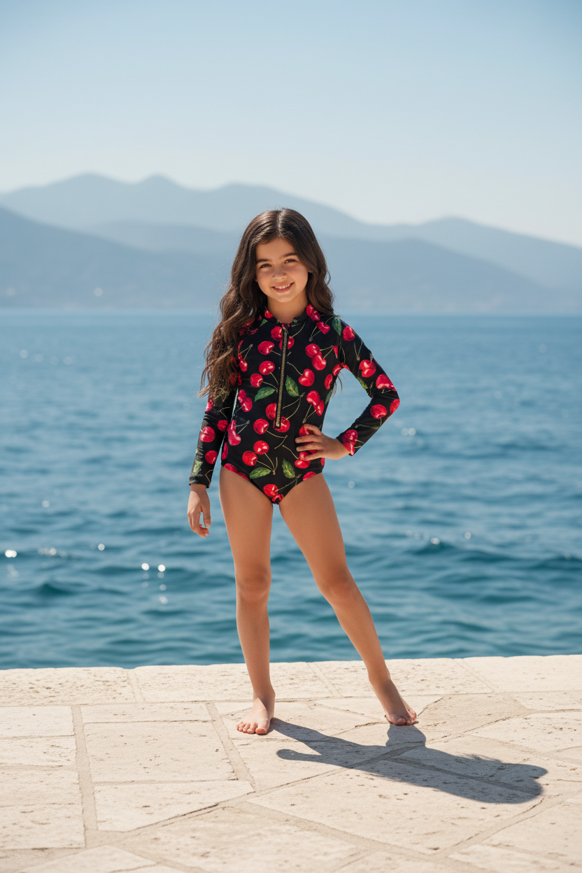 Mini LANA - VIŠNJA One Piece Girls Long Sleeve Swimsuit