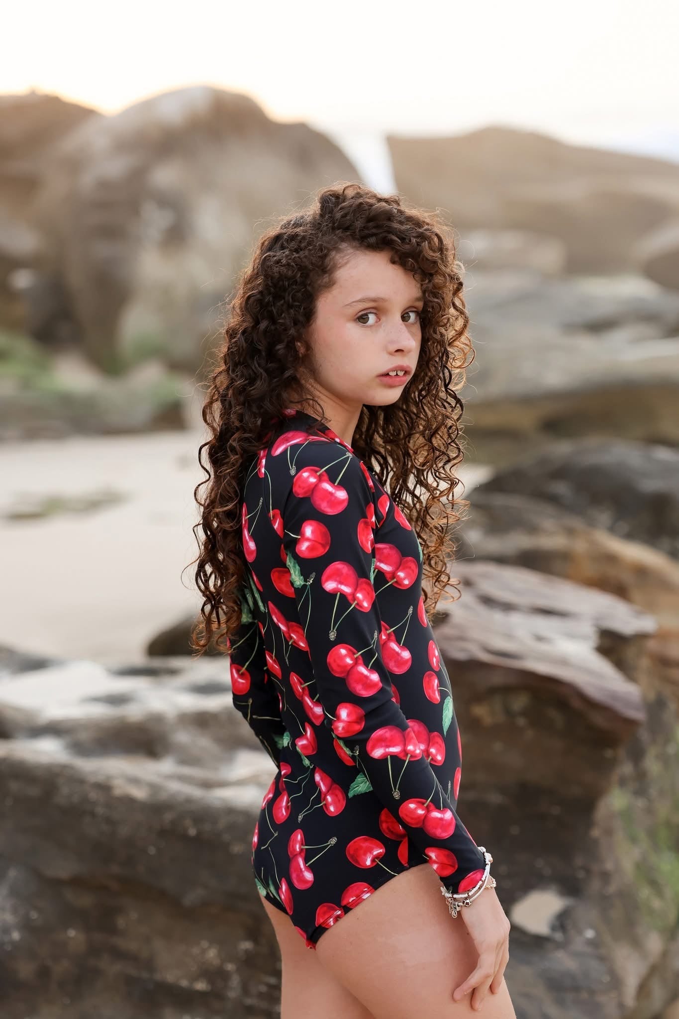 Mini LANA - VIŠNJA One Piece Girls Long Sleeve Swimsuit