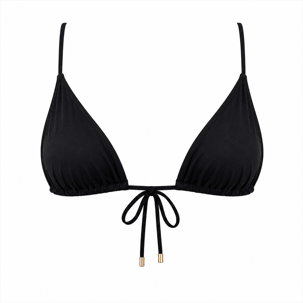 MIA String Triangle Bra Style Bikini Top — Black Ribbed