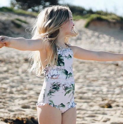 Girls Selo Singlet Style One piece swimsuit with tie up shoulders by Plivati Swimwear Children's collection