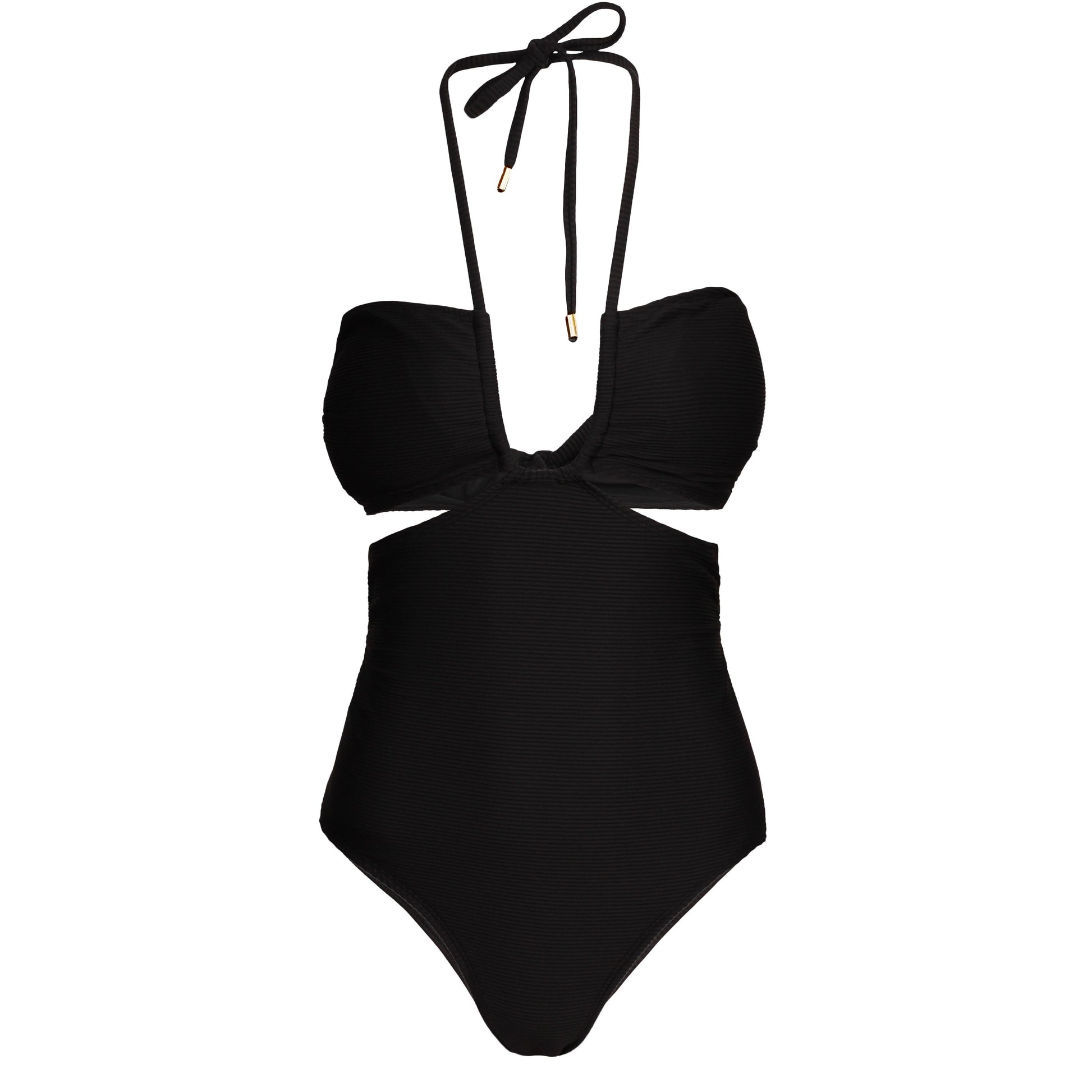 Black cut out style tie up versatile one piece 5 way swimsuit in ribbed fabric.