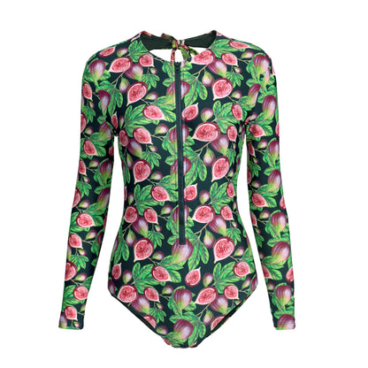 One piece long sleeve swimsuit with open back, front zip and neck tie in the Plivati FIGS print.