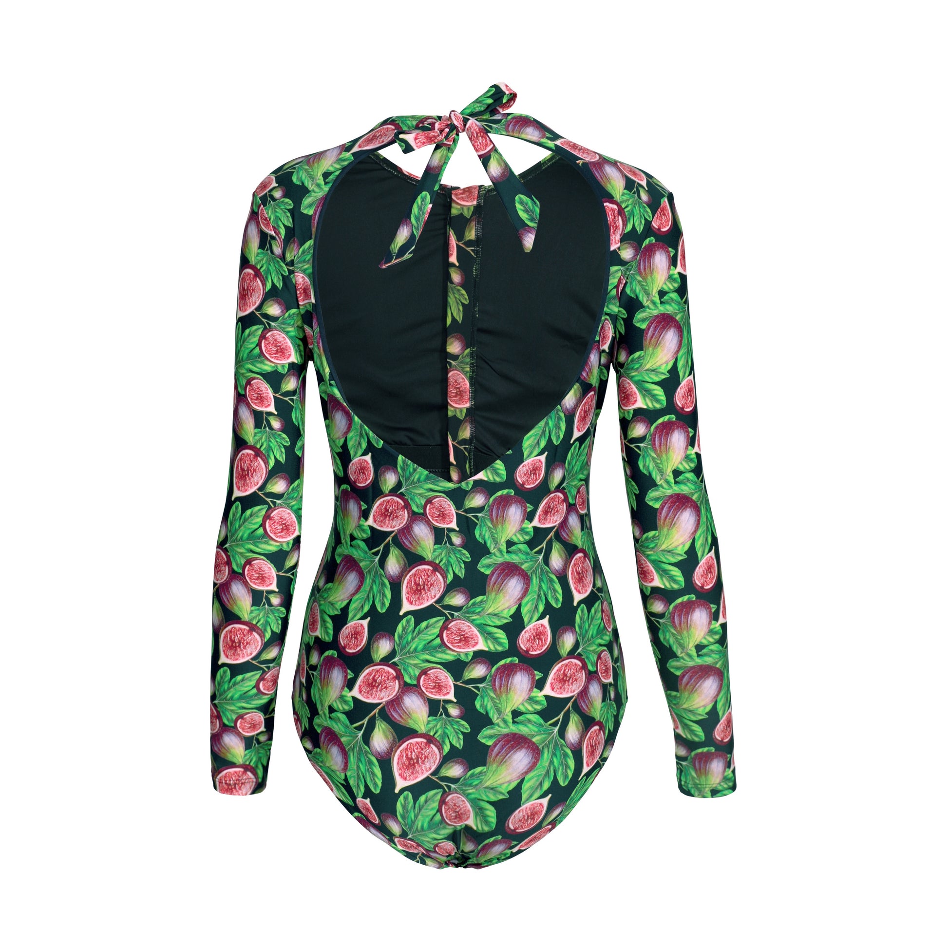 One piece long sleeve swimsuit with open back, front zip and neck tie in the Plivati FIGS print.