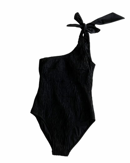 Black one shoulder textured one piece swimsuit designed in Australia by Plivati Swimwear.